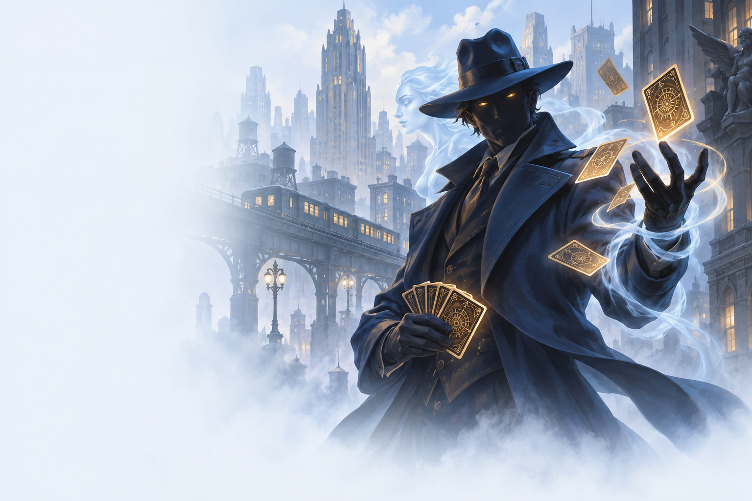 Noir cardsharp above an occult New York skyline